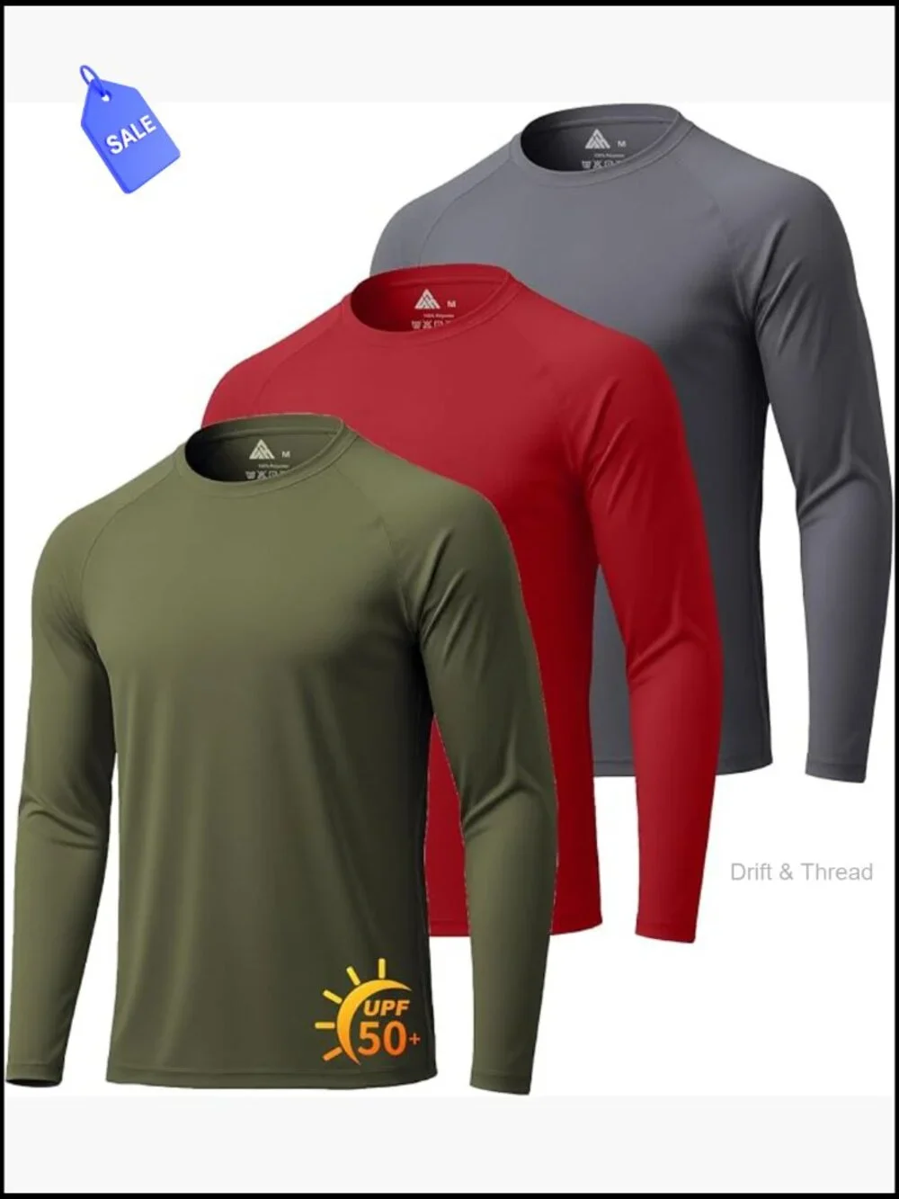 3 Pack Long Sleeve UPF 50+ Sun Protection Rash Guard Tees Men Hiking Running